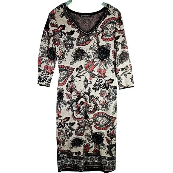 Peruvian Connection Floral Stretch Pima Cotton Bodycon Sweater Dress, Peru, Sz S - Picture 2 of 11
